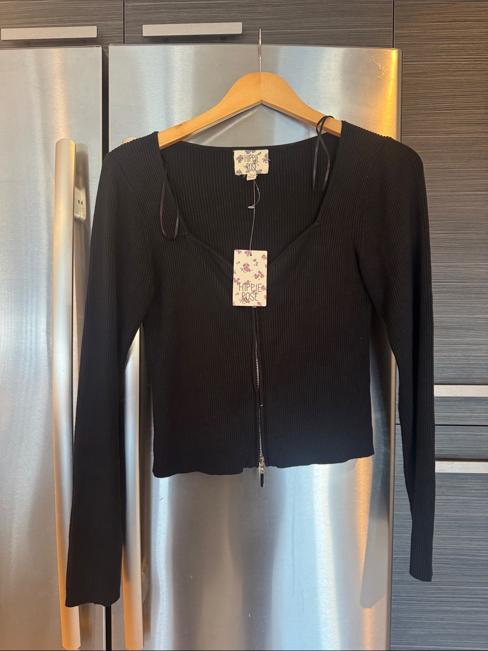 Hippie Rose Black Ribbed Zip Front Long Sleeve Top